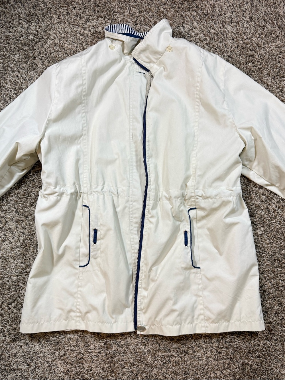 Cream Zip-Front Trench Coat with Navy Trim